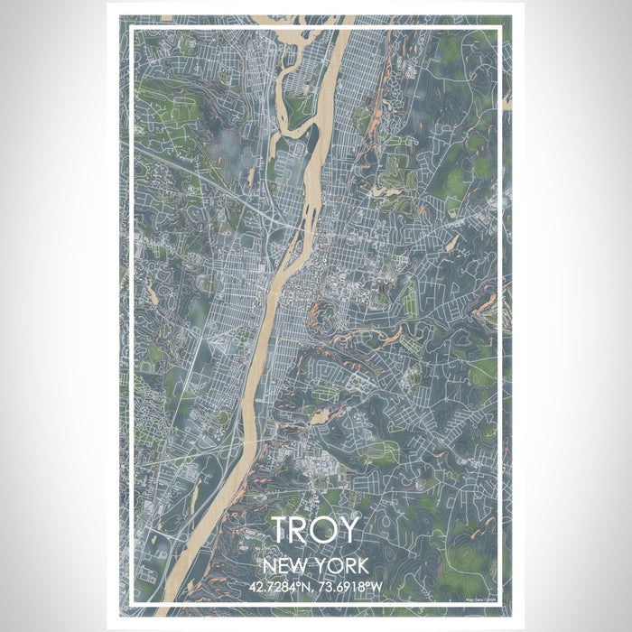 Troy New York Map Print Portrait Orientation in Afternoon Style With Shaded Background