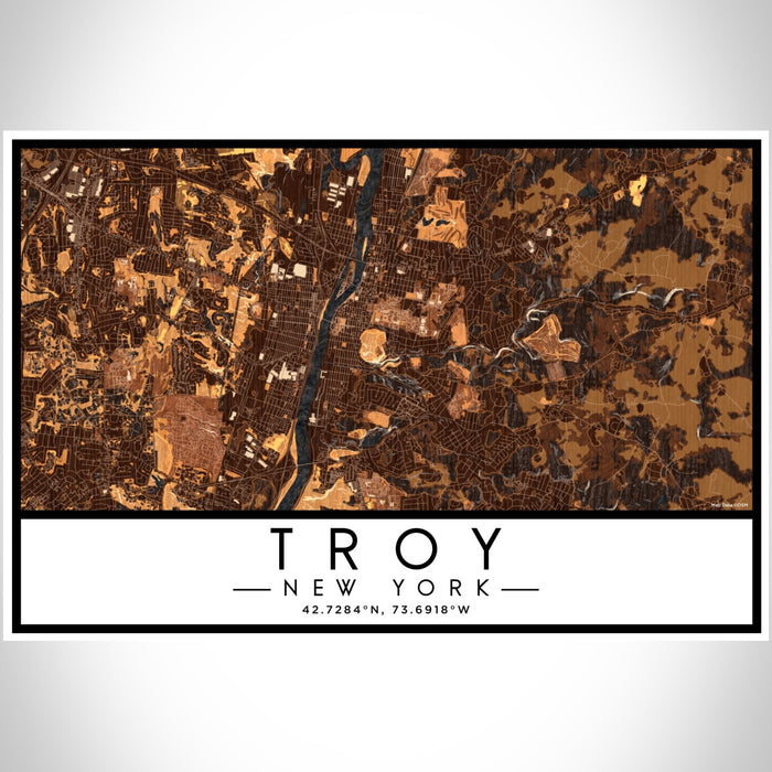 Troy New York Map Print Landscape Orientation in Ember Style With Shaded Background