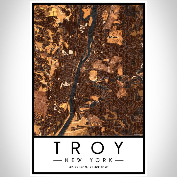 Troy New York Map Print Portrait Orientation in Ember Style With Shaded Background