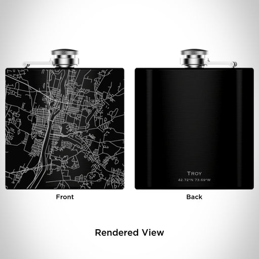 Rendered View of Troy New York Map Engraving on 6oz Stainless Steel Flask in Black