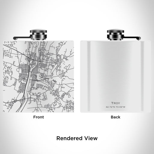Rendered View of Troy New York Map Engraving on 6oz Stainless Steel Flask in White