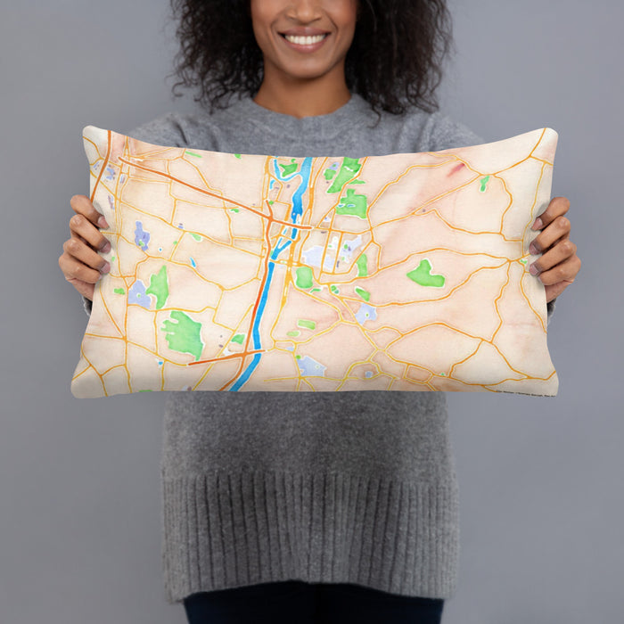 Person holding 20x12 Custom Troy New York Map Throw Pillow in Watercolor