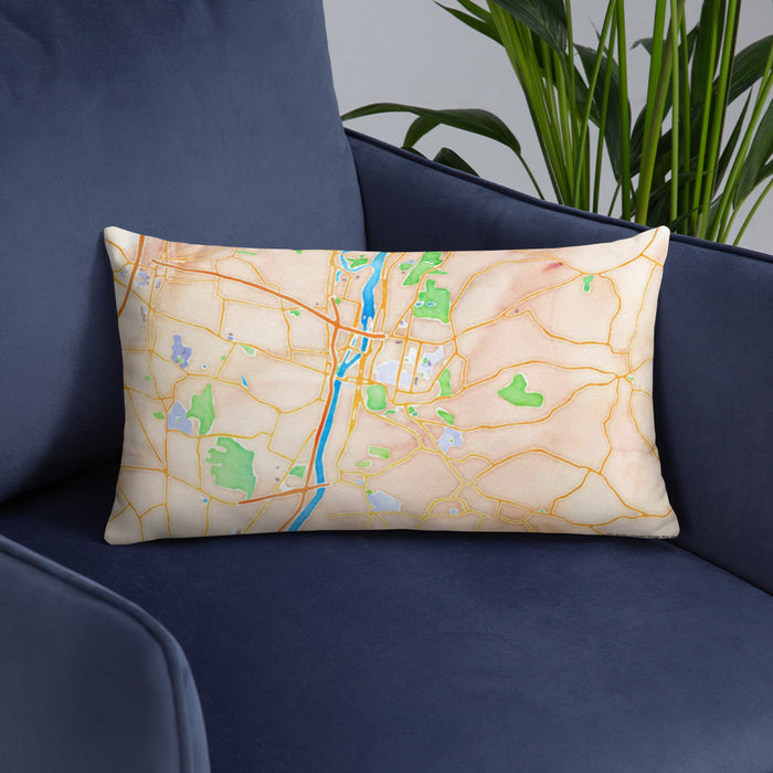 Custom Troy New York Map Throw Pillow in Watercolor on Blue Colored Chair