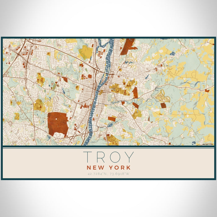 Troy New York Map Print Landscape Orientation in Woodblock Style With Shaded Background