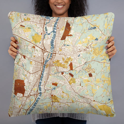 Person holding 22x22 Custom Troy New York Map Throw Pillow in Woodblock