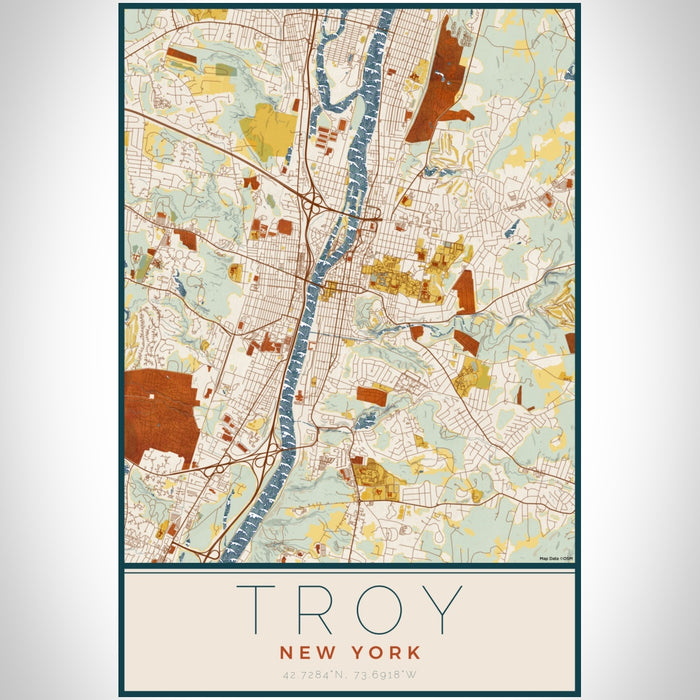 Troy New York Map Print Portrait Orientation in Woodblock Style With Shaded Background
