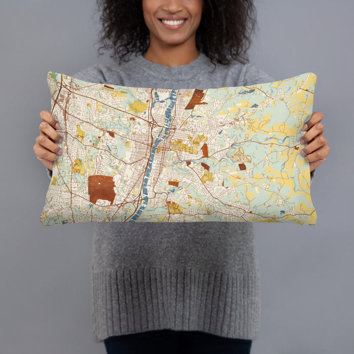 Person holding 20x12 Custom Troy New York Map Throw Pillow in Woodblock