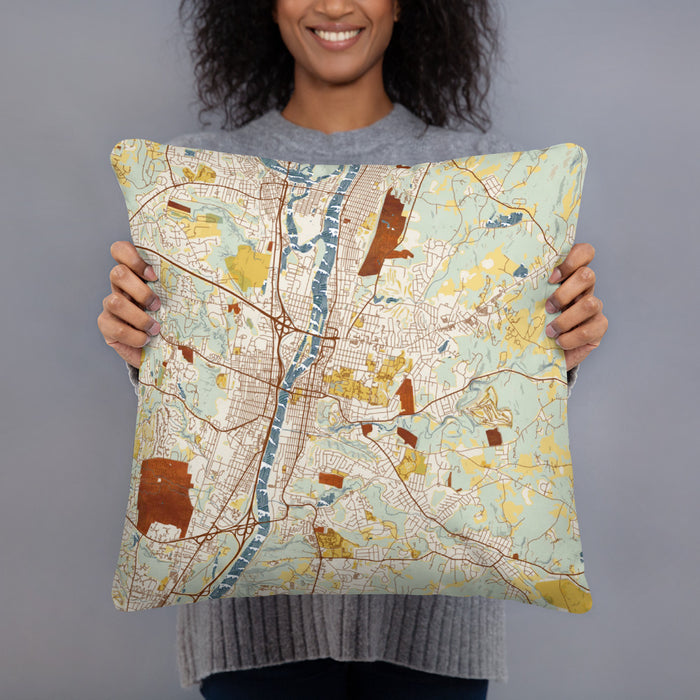 Person holding 18x18 Custom Troy New York Map Throw Pillow in Woodblock