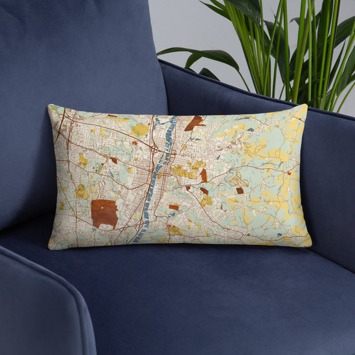 Custom Troy New York Map Throw Pillow in Woodblock on Blue Colored Chair