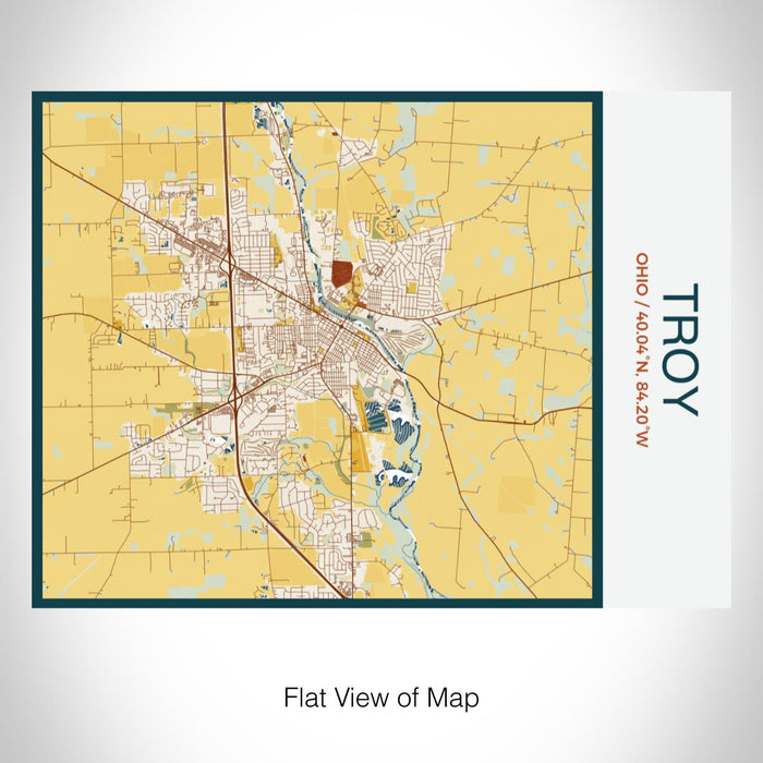 Rendered View of Troy Ohio Map on 20oz Stainless Steel Insulated Bottle with Bamboo Top with printed woodblock style map
