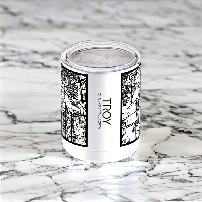 Troy Ohio Custom City Map Inscription Coordinates on 10oz Stainless Steel Insulated Cup in Matte White with Sliding Lid