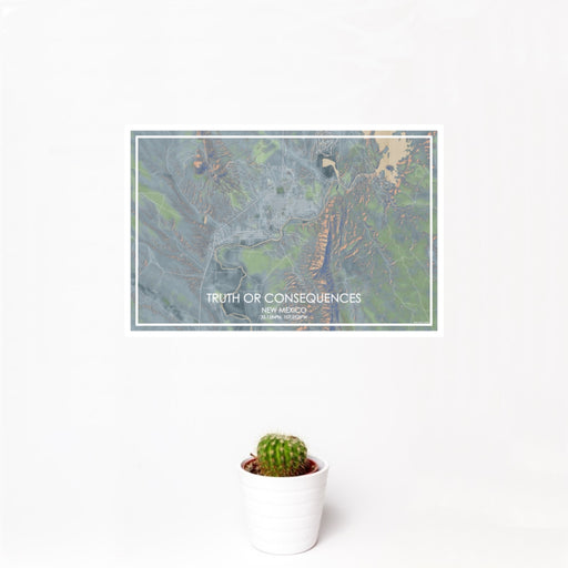 12x18 Truth or Consequences New Mexico Map Print Landscape Orientation in Afternoon Style With Small Cactus Plant in White Planter