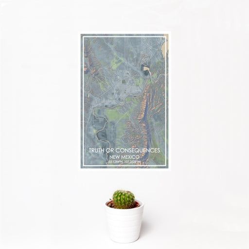 12x18 Truth or Consequences New Mexico Map Print Portrait Orientation in Afternoon Style With Small Cactus Plant in White Planter