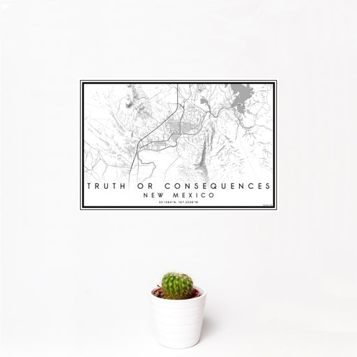 12x18 Truth or Consequences New Mexico Map Print Landscape Orientation in Classic Style With Small Cactus Plant in White Planter
