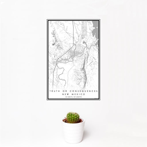 12x18 Truth or Consequences New Mexico Map Print Portrait Orientation in Classic Style With Small Cactus Plant in White Planter