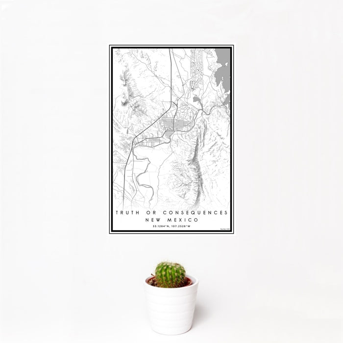 12x18 Truth or Consequences New Mexico Map Print Portrait Orientation in Classic Style With Small Cactus Plant in White Planter