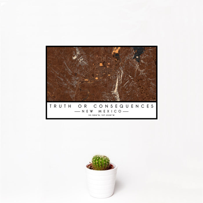 12x18 Truth or Consequences New Mexico Map Print Landscape Orientation in Ember Style With Small Cactus Plant in White Planter