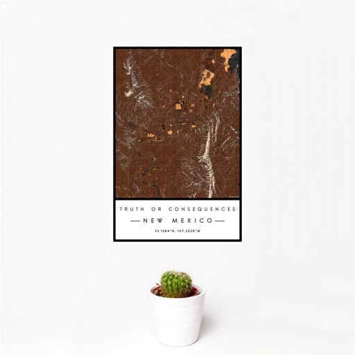 12x18 Truth or Consequences New Mexico Map Print Portrait Orientation in Ember Style With Small Cactus Plant in White Planter