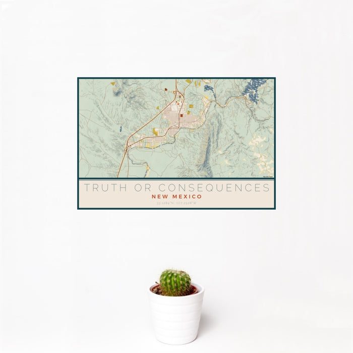 12x18 Truth or Consequences New Mexico Map Print Landscape Orientation in Woodblock Style With Small Cactus Plant in White Planter