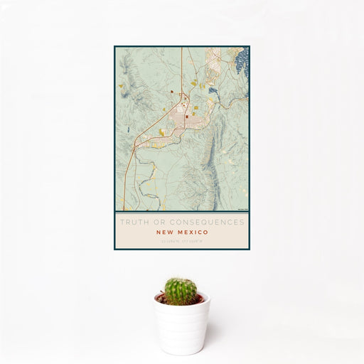 12x18 Truth or Consequences New Mexico Map Print Portrait Orientation in Woodblock Style With Small Cactus Plant in White Planter