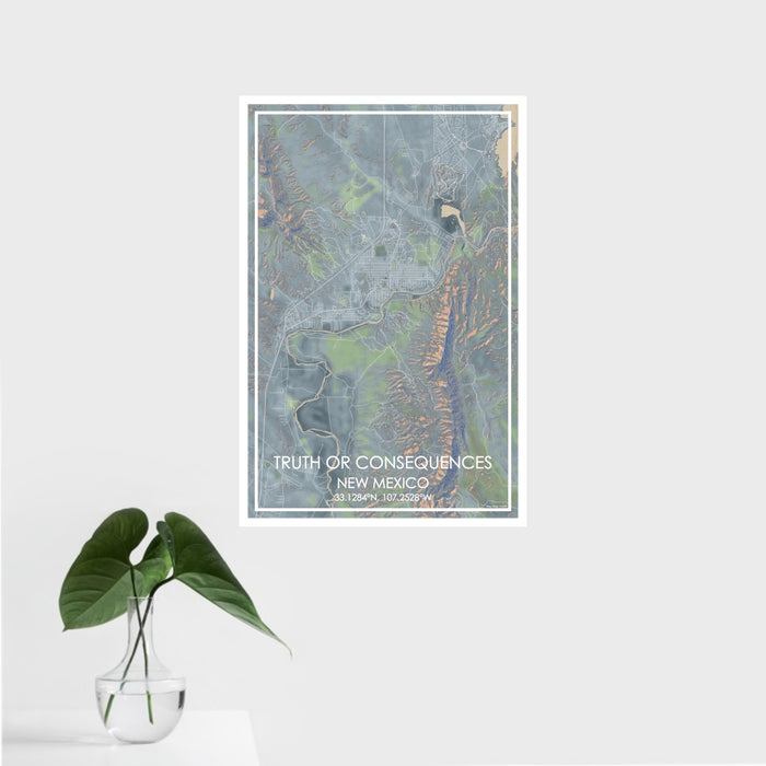 16x24 Truth or Consequences New Mexico Map Print Portrait Orientation in Afternoon Style With Tropical Plant Leaves in Water