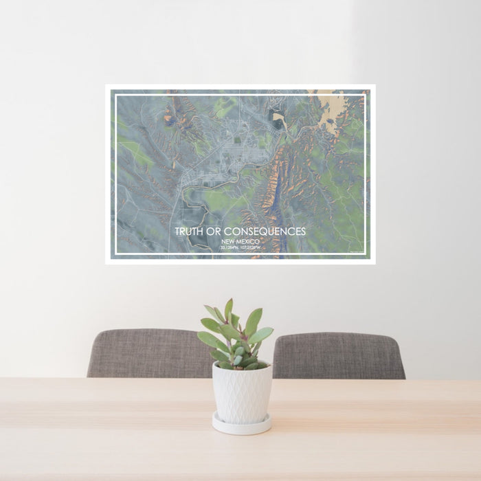 24x36 Truth or Consequences New Mexico Map Print Lanscape Orientation in Afternoon Style Behind 2 Chairs Table and Potted Plant