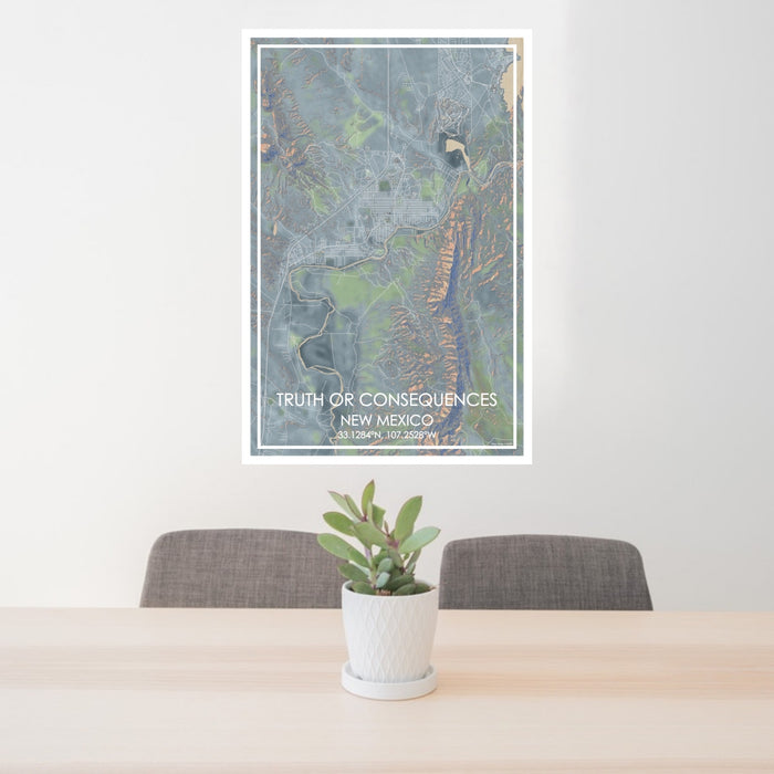24x36 Truth or Consequences New Mexico Map Print Portrait Orientation in Afternoon Style Behind 2 Chairs Table and Potted Plant