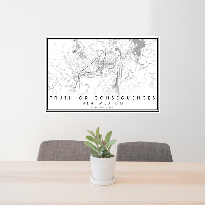 24x36 Truth or Consequences New Mexico Map Print Lanscape Orientation in Classic Style Behind 2 Chairs Table and Potted Plant