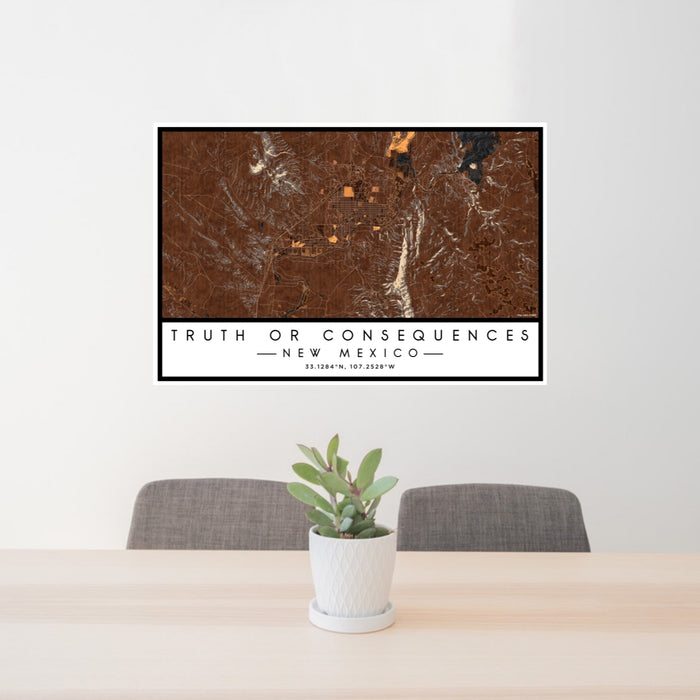 24x36 Truth or Consequences New Mexico Map Print Lanscape Orientation in Ember Style Behind 2 Chairs Table and Potted Plant