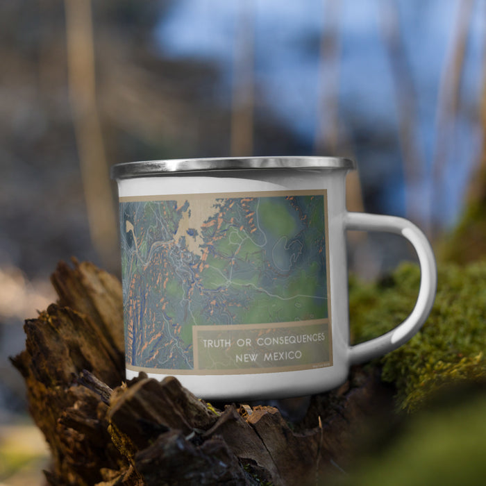 Right View Custom Truth or Consequences New Mexico Map Enamel Mug in Afternoon on Grass With Trees in Background