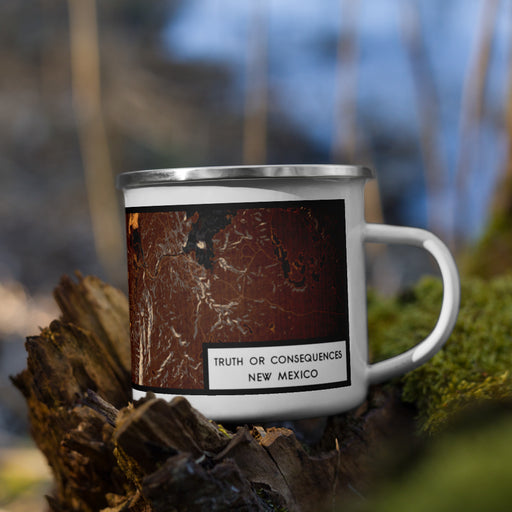 Right View Custom Truth or Consequences New Mexico Map Enamel Mug in Ember on Grass With Trees in Background