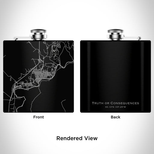Rendered View of Truth or Consequences New Mexico Map Engraving on 6oz Stainless Steel Flask in Black