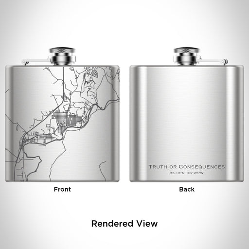 Rendered View of Truth or Consequences New Mexico Map Engraving on 6oz Stainless Steel Flask
