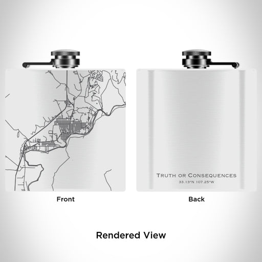 Rendered View of Truth or Consequences New Mexico Map Engraving on 6oz Stainless Steel Flask in White