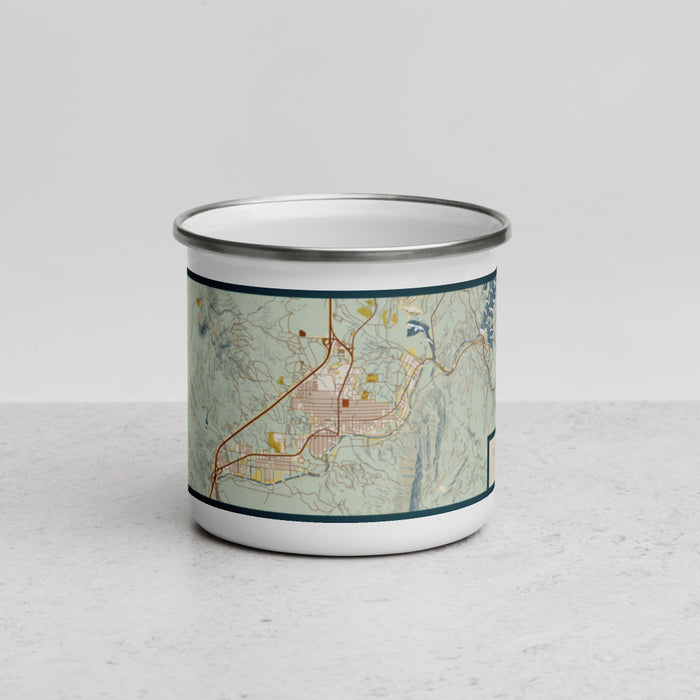 Front View Custom Truth or Consequences New Mexico Map Enamel Mug in Woodblock