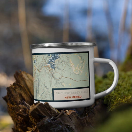 Right View Custom Truth or Consequences New Mexico Map Enamel Mug in Woodblock on Grass With Trees in Background