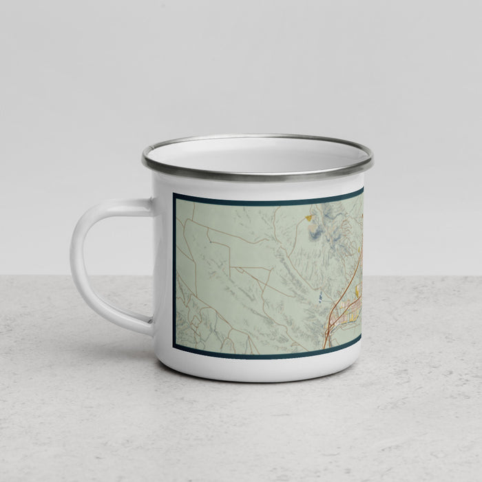 Left View Custom Truth or Consequences New Mexico Map Enamel Mug in Woodblock