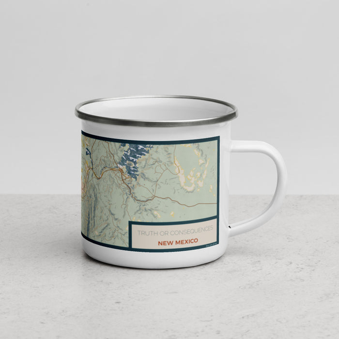 Right View Custom Truth or Consequences New Mexico Map Enamel Mug in Woodblock