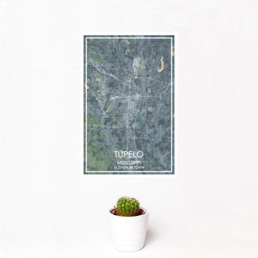 12x18 Tupelo Mississippi Map Print Portrait Orientation in Afternoon Style With Small Cactus Plant in White Planter