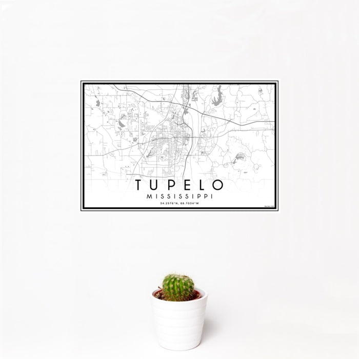 12x18 Tupelo Mississippi Map Print Landscape Orientation in Classic Style With Small Cactus Plant in White Planter