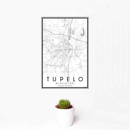 12x18 Tupelo Mississippi Map Print Portrait Orientation in Classic Style With Small Cactus Plant in White Planter