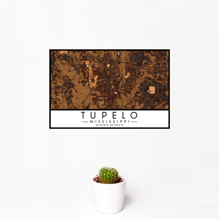 12x18 Tupelo Mississippi Map Print Landscape Orientation in Ember Style With Small Cactus Plant in White Planter