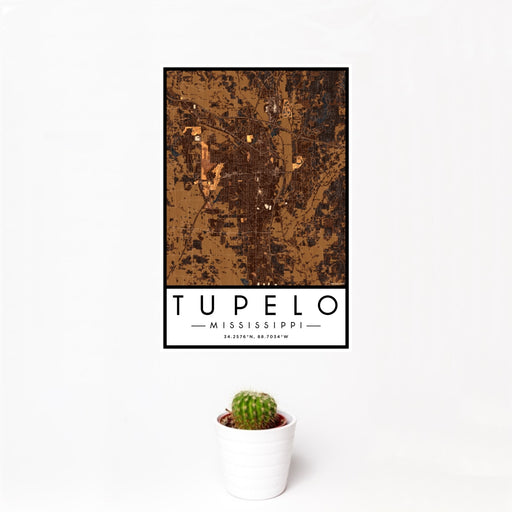 12x18 Tupelo Mississippi Map Print Portrait Orientation in Ember Style With Small Cactus Plant in White Planter