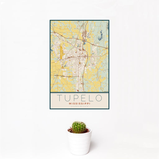 12x18 Tupelo Mississippi Map Print Portrait Orientation in Woodblock Style With Small Cactus Plant in White Planter