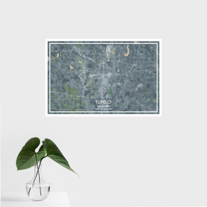 16x24 Tupelo Mississippi Map Print Landscape Orientation in Afternoon Style With Tropical Plant Leaves in Water