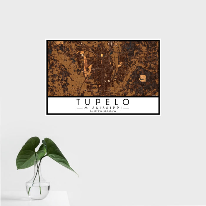 16x24 Tupelo Mississippi Map Print Landscape Orientation in Ember Style With Tropical Plant Leaves in Water
