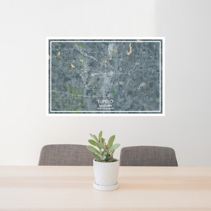 24x36 Tupelo Mississippi Map Print Lanscape Orientation in Afternoon Style Behind 2 Chairs Table and Potted Plant
