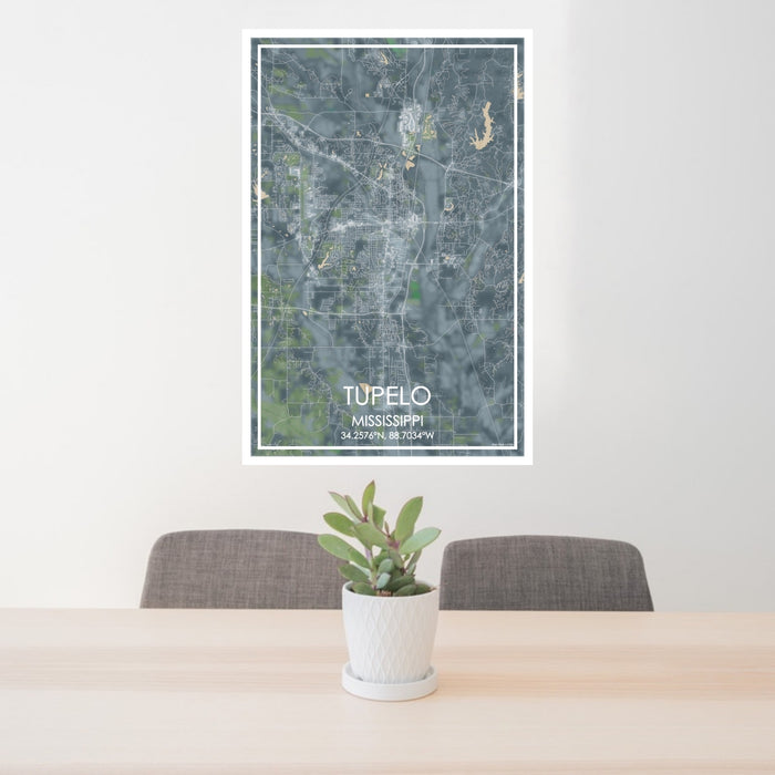 24x36 Tupelo Mississippi Map Print Portrait Orientation in Afternoon Style Behind 2 Chairs Table and Potted Plant
