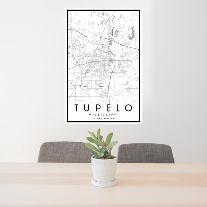 24x36 Tupelo Mississippi Map Print Portrait Orientation in Classic Style Behind 2 Chairs Table and Potted Plant