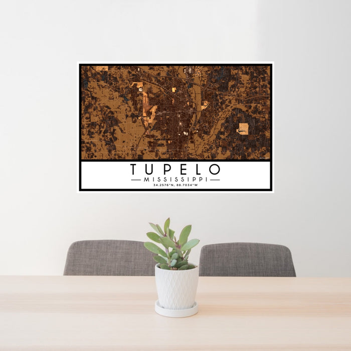 24x36 Tupelo Mississippi Map Print Lanscape Orientation in Ember Style Behind 2 Chairs Table and Potted Plant